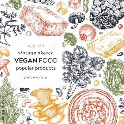 Vegan food sketched card. Healthy food banner template. Middle eastern cuisine frame. Hand-drawn vegan meals and ingredients for menu, recipe, and packaging design. Vegan food sketches in color