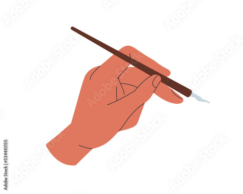 Hand holding pen tool for calligraphy art, ink handwriting. Artists arm writing, drawing with calligraphic, lettering instrument with metal nib. Flat vector illustration isolated on white background