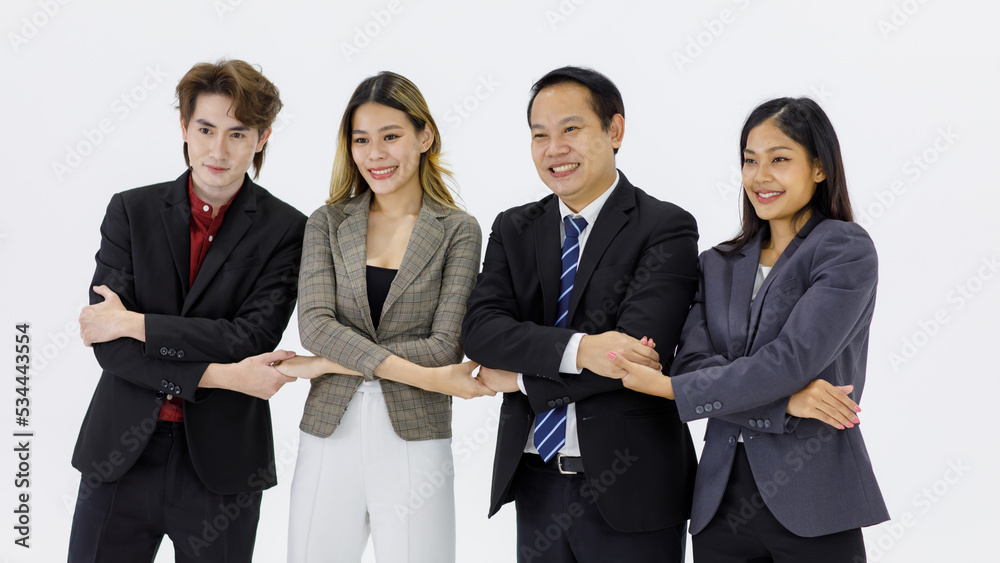 Studio shot Millennial Asian cheerful successful professional male businessmen and female businesswomen in formal suit standing posing crossed arms side by side smiling together on white background