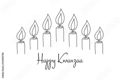 Happy Kwanzaa minimialist cute greeting card with seven candles in contour hand drawn line style. Vector burning candles for Kwanza traditional African American ethnic heritage festival holiday
