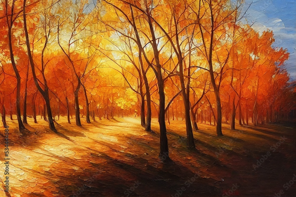 Oil painting on canvas. Autumn landscape. Modern impressionism.