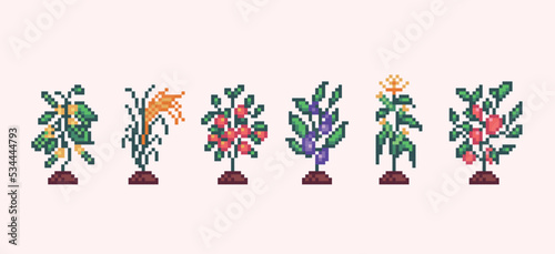 Vegetable plant farm pixel art set. Eggplant, bell pepper, corn, cucumber and tomato collection. 8 bit sprite. Game development, mobile app.  Isolated vector illustration.