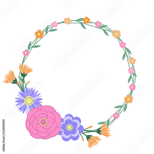 vector round floral frame with flowers. Isolated on white. Cartoon style. Template.