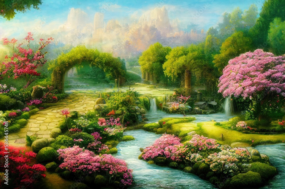 Enchanted garden with stone bridge illustration. High quality 2d abstract illustration - obrazy, fototapety, plakaty 