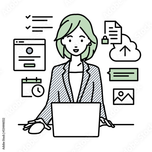 デスクで座ってPCでプロジェクトやタスクの管理の仕事をしているスーツの女性
