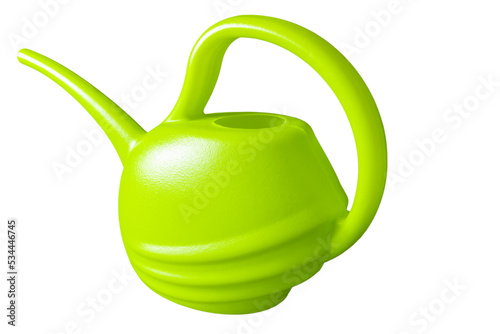 Photo Small green plastic watering can for indoor plants and flowers, side view