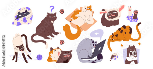Cute funny cats set. Fun crazy kitties and typical feline behavior. Amusing naughty pet kittens in action, different positions. Meow characters. Flat vector illustrations isolated on white background