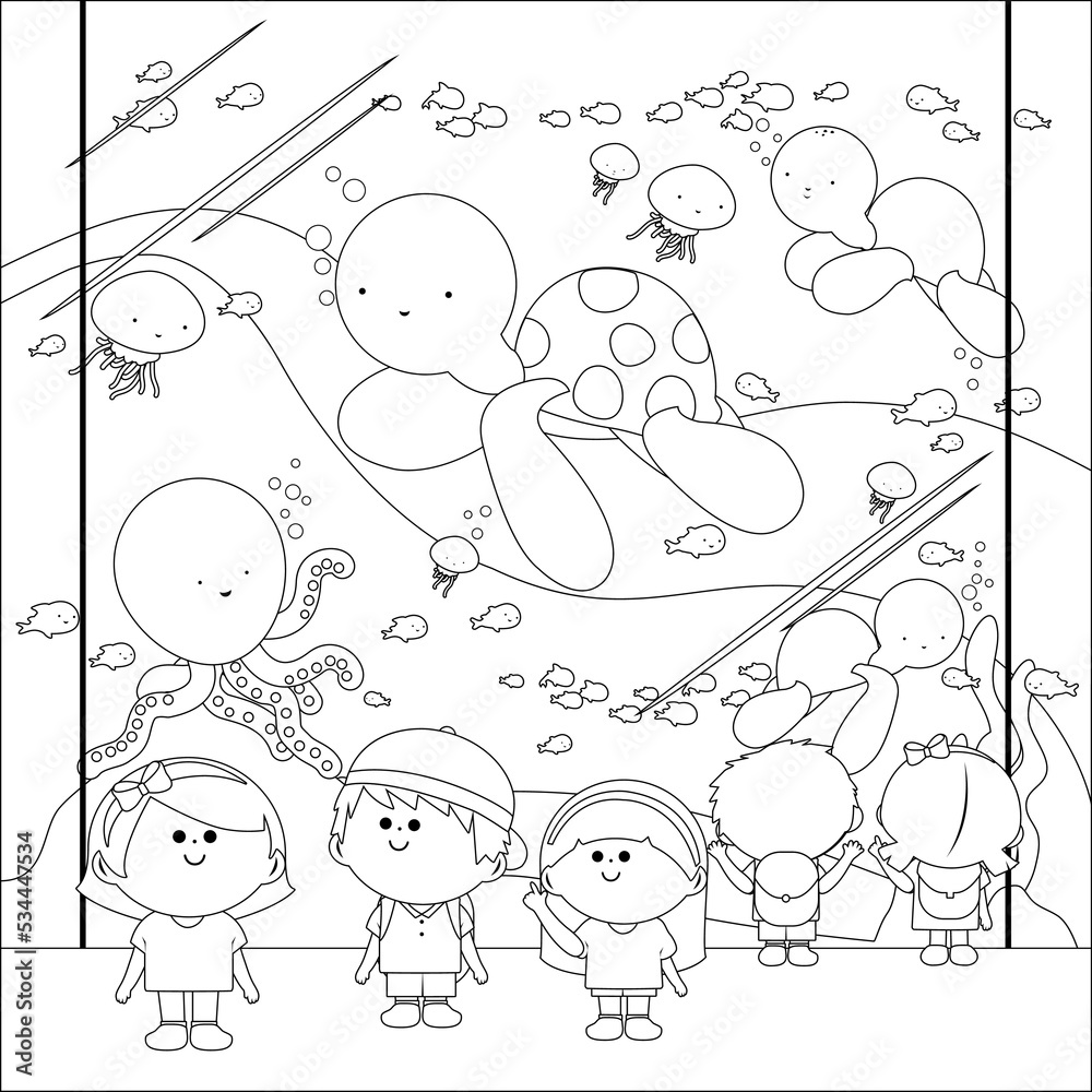 Children at the aquarium looking at the sea animals. Vector black and white coloring page.