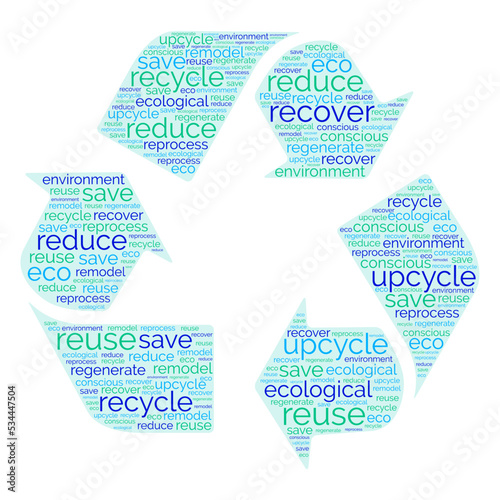 recycle, regenerate, remodel, reprocess, reuse, save, upcycle vector word cloud