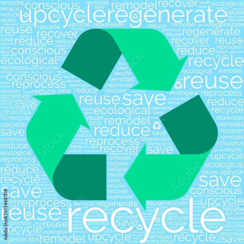 recycle, regenerate, remodel, reprocess, reuse, save, upcycle vector word cloud
