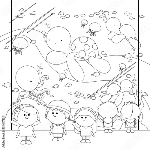 Children at the aquarium looking at the sea animals. Vector black and white coloring page.