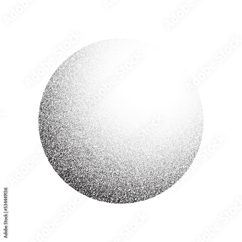 Grain circle gradient. Stippled round shape. Radial stochastic dotwork texture. Random grunge noise background. Black dots sphere. Halftone vector 