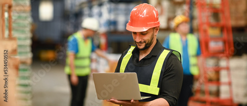 Handsome male warehouse manager in hardhats and reflective jackets on laptop for checking stock and order details
