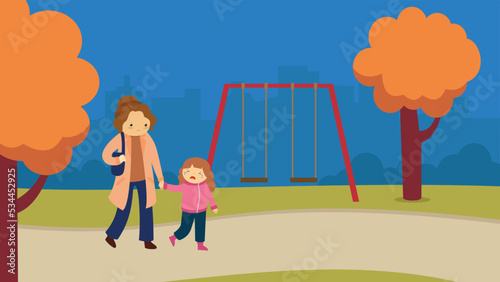 girl and mother walk in the park in the evening