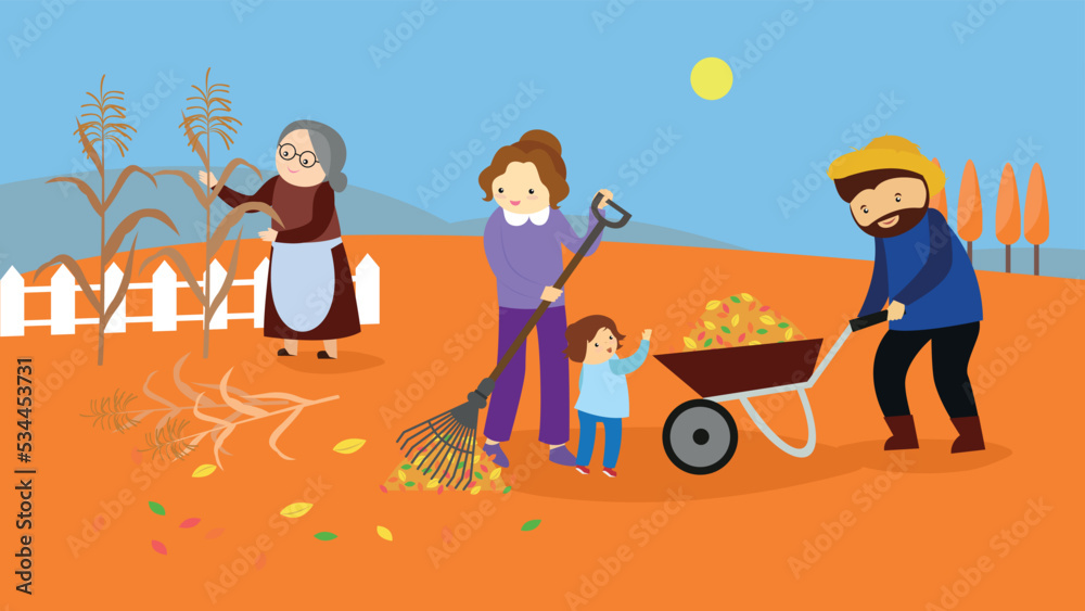 Fototapeta premium Family cleaning up in the autumn garden