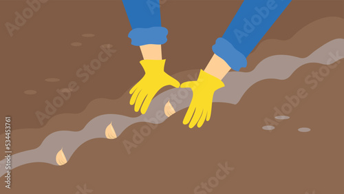 Planting seeds in the ground with gloved hands