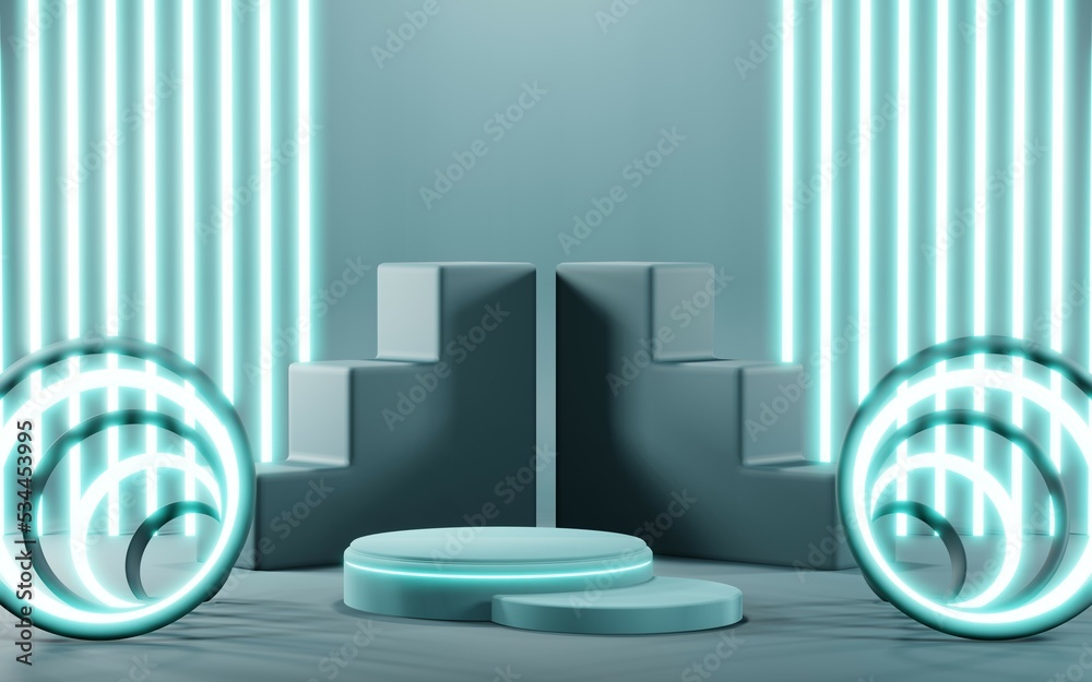 3D render of Podium background in blue tones for displaying cream products. cosmetics