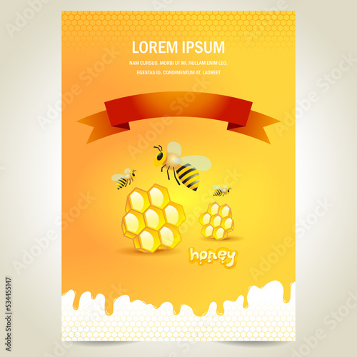 Cover flyer honey mead bee honeycomb white yellow background