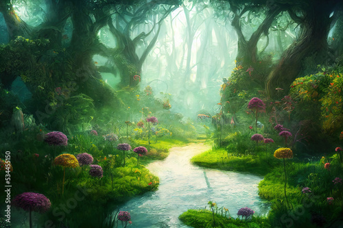 The Enchanted Garden. Fantasy Nature Backdrop. Concept Art. Realistic Book Illustration. Video Game Background. Serious Digital Painting. Scenery CG Artwork.