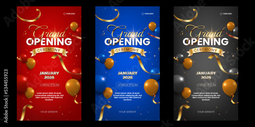 Grand opening luxury banner social media stories collection with golden ribbon and glossy balloons