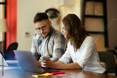 Colleagues in office. Businesswoman and businessman discussing work in office.