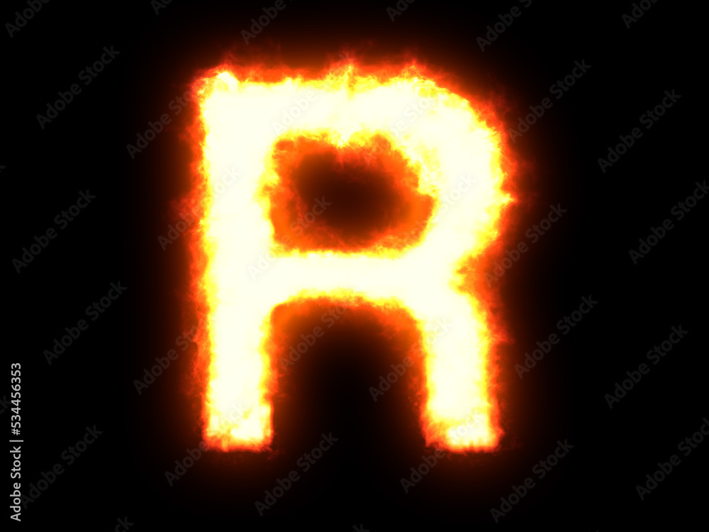 Symbol made of fire. High res on black background. Letter R