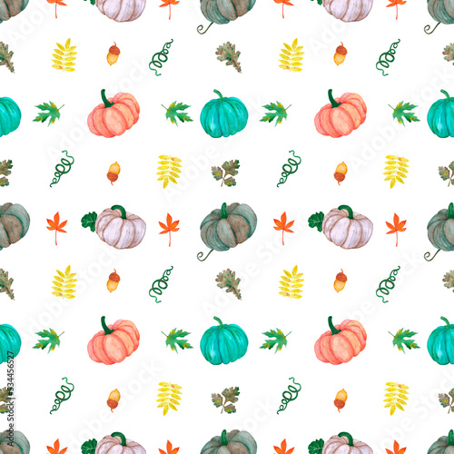 Fototapeta Naklejka Na Ścianę i Meble -  Hand drawn watercolor leaves and pumpkin seamless pattern no background. Can be used for textile, Halloween Scrapbook design, banner.