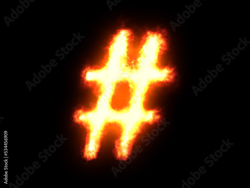 Hashtag made of fire. High res on black background. Symbol