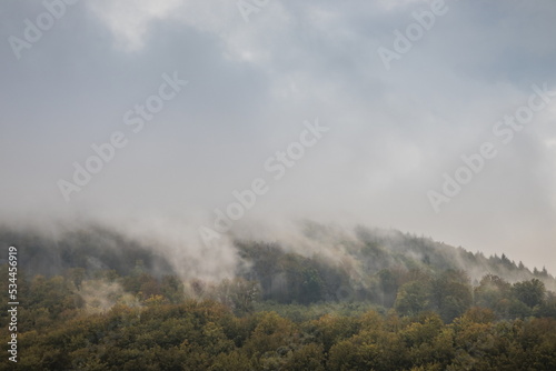 Mountain slope with deciduous forest in fog. Mountain slope on a