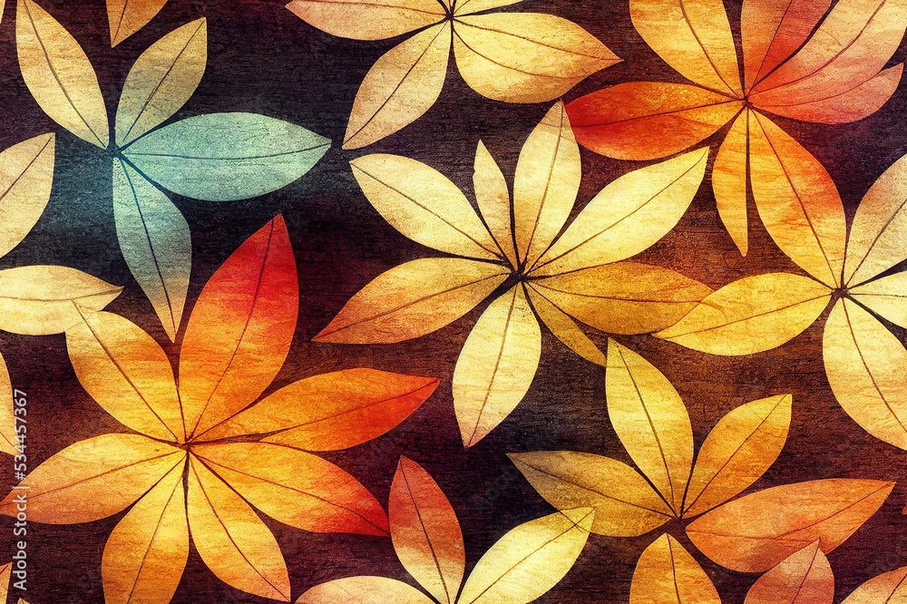 Bright summer autumn layered blurred botanical seamless pattern Multicolor transparent flowers and falling leaves print for fabric, wrapping paper, wallpaper, home decor Abstract layers fashion trend
