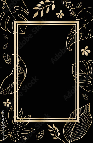 Minimalist leaf botanical hand drawn drawing illustration with golden frame on black background, empty space card floral decorative border. Elegant card illustration graphic set banner