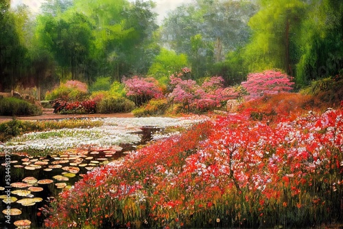 Enchantingly beautiful park garden Sigurta. Shallow pond, weeping willow and a flowerbed of red flowers photo