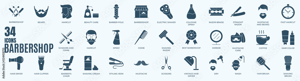 Barbershop solid icon set. Vector graphic glyph style pictogram package isolated on white background