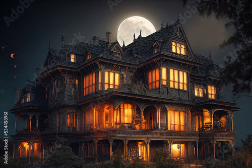 Large victorian house of terror with a full moon in the dark in candlelight. Halloween theme of horror house in the dark. 3D illustration and fantasy digital painting.