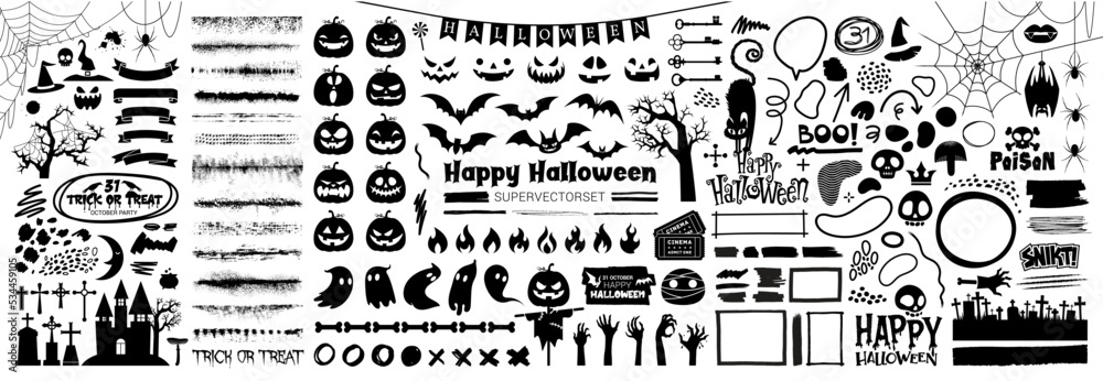 Big set of halloween silhouettes black icon and character. Design of witch, creepy and spooky elements for halloween decorations, sketch, icon, sticker. Hand drawn vector solated background