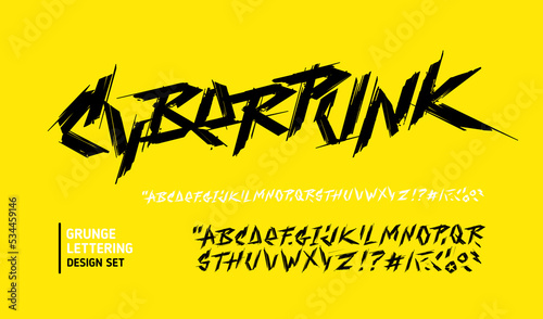 Retro futuristic Cyberpunk and Rock type font in 80s style with grunge brush alphabet set. Hand drawn grunge brush lettering  set. Vector vintage type font. Set for print tee and poster design