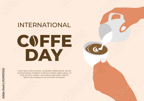 International coffee day background banner poster with cup and pot on bright color.