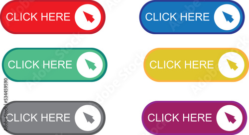 Colorful click here buttons with arrow pointers on a white background