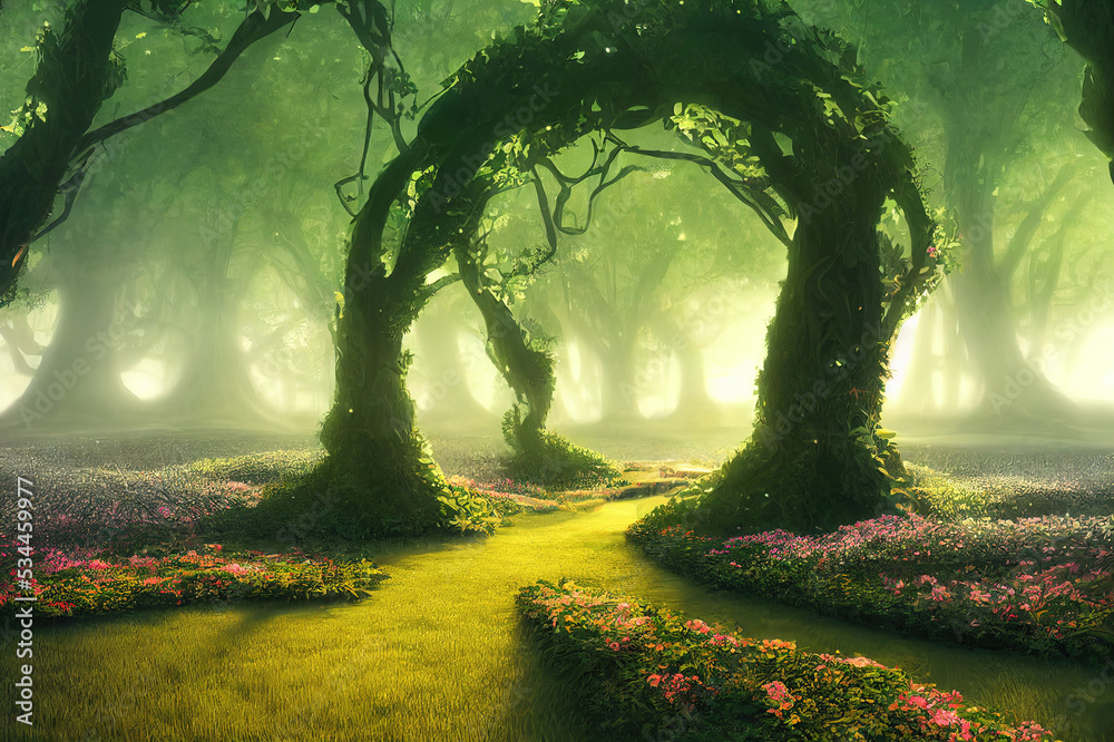 Fototapeta premium Spectacular archway covered with vine in the middle of fantasy fairy tale forest landscape, misty on spring time. Digital art 3D illustration.
