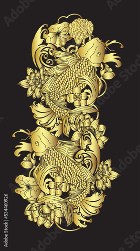 Beautiful line art of gold fish vector illustration.Koi fish for printing on shirt on white isolated background.