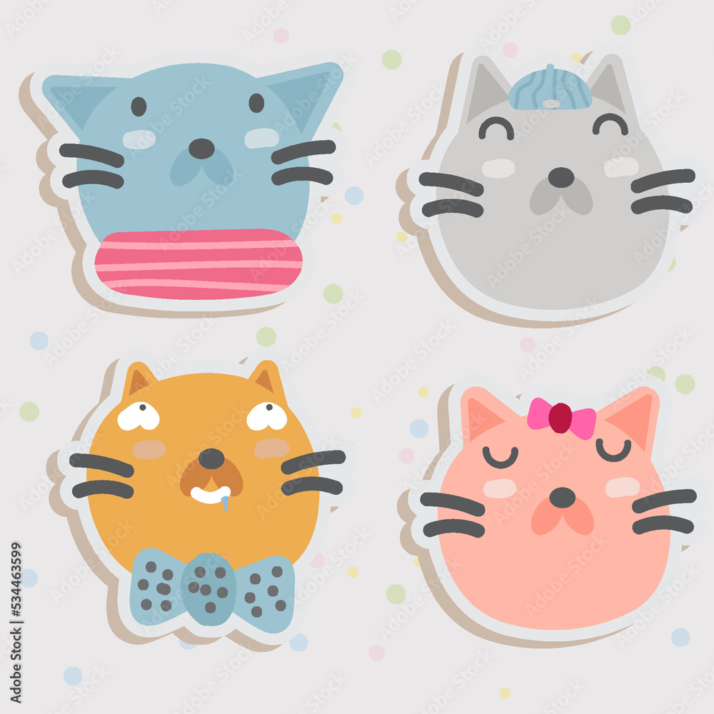 Cat Face Mood Sticker. Cute Wildlife Cartoon Animal hang on Tag Vector Illustration.
