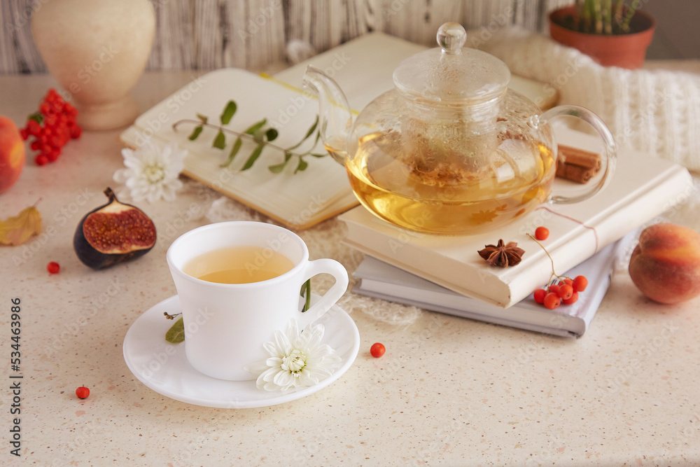 Aesthetic brunch of tea time, herbal tea and figs, peaches. Sweet desserts, natural herbal tea - natural sustainable eco-friendly lifestyle Aesthetic brunch of tea time, herbal tea and figs, peaches. Sweet desserts, natural herbal tea - natural sustainable eco-friendly lifestyle