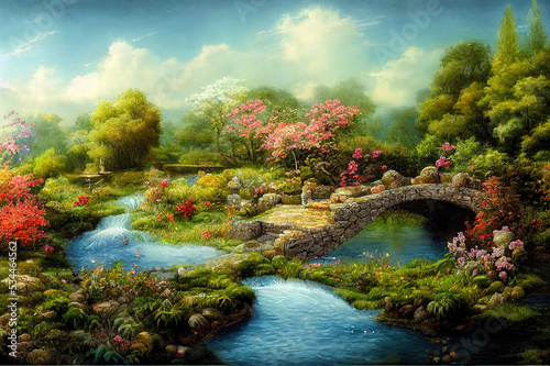 Enchanted garden scene with stone bridge illustration. High quality 2d abstract illustration