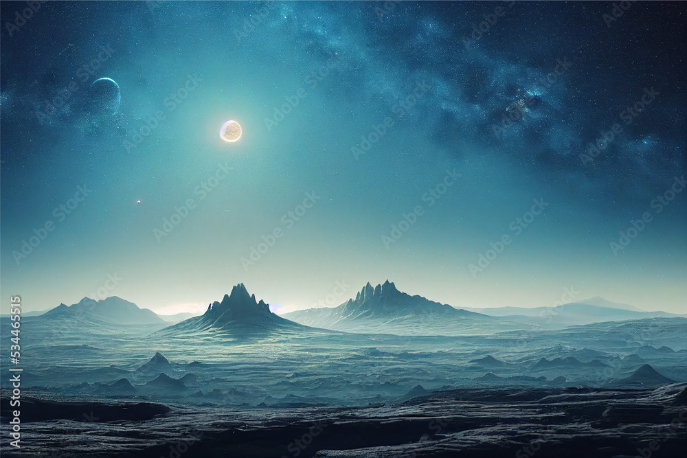 Blue and dark space landscape with planets and starry sky and mountains ...