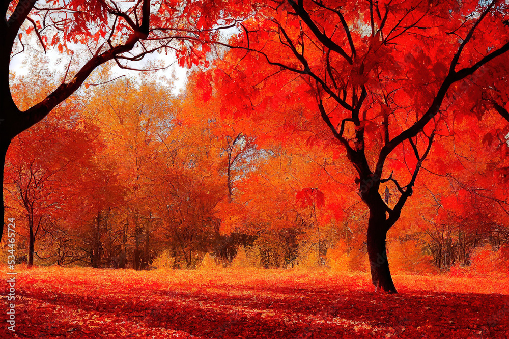 Fototapeta premium Amazing bright red autumn landscape, idyllic and peaceful wild nature scenery. Beautiful season fall background. Digital art.