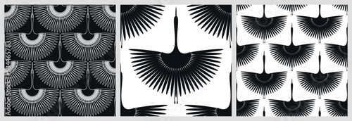 Flying bird. Swan. Seamless oriental pattern. Vector wallpaper.