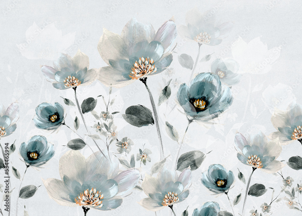 wallpaper of flowers modern in tiffany colors with transparencies and