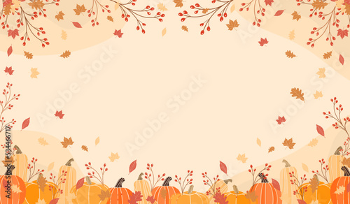 happy thanksgiving greeting background with pumpkins, butternut squash, maple leaves or leaf Vector illustration for Thanksgiving autumn, harvest festival. Template for poster, banner, cards