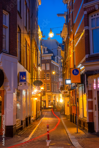 Narrow Night Street in Downtown Amsterdam