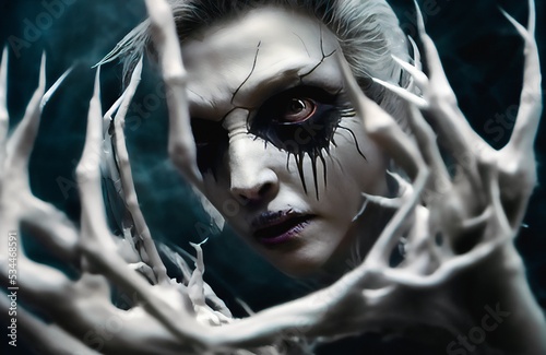 A portrait depicting a witch, a terrifying face and soul-hungry eyes, trying to snatch a soul with her claws. 3D illustration, halloween costume and makeup photo